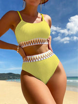 Schwarzer High-Waist Bikini mit Chevron-Detail – 2-teiliges Set mit Spaghettiträgern &amp; Strukturstoff – Gelb