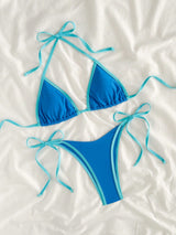 Sexy Triangel-Bikini in Marineblau mit Kontrast-Saum – Minimalistisches 2-teiliges Set zum Schnüren – Blau
