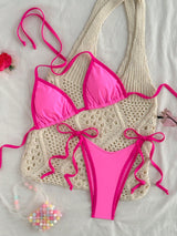 Sexy Triangel-Bikini in Marineblau mit Kontrast-Saum – Minimalistisches 2-teiliges Set zum Schnüren – Pink