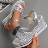 Cara - Normale Keilab Klobige Sandalen – Silber