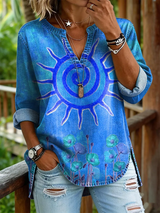 Xina - Bedruckte Bluse mit V-Ausschnitt – Dunkelblau