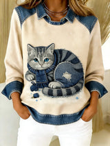 Eponin – Retro Katzen Jeansstoff Flickwerk Sweatshirt – Apricot