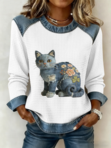 Karmela - Vintage Jeansstoff Patchwork Drucken Oberteil – Weiß