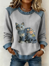 Karmela - Vintage Jeansstoff Patchwork Drucken Oberteil – Grau