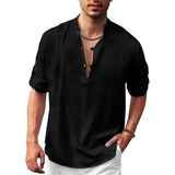 Herren Langarm Shirt mit V-Ausschnitt | Lockeres Freizeithemd mit Knöpfen – Schwarz