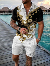 Herren Freizeit-Set | zweiteiliges Outfit mit Aufdruck – Gold/Weiß