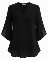 Damen Elegante V-Ausschnitt Bluse | 3/4 Ärmel – Schwarz