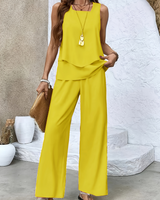 Damen Weitbeiniger Freizeit Zweiteiler | Ärmelloses Oberteil & Hose Set – Gelb