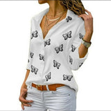Damen nan lockere Longbluse mit Schmetterlingsprint und Hemdkragen Drune – Weiß