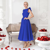 Scarlett - Gerafftes Midi Partykleid in leuchtendem Rot – Blau