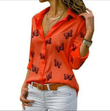 Damen nan lockere Longbluse mit Schmetterlingsprint und Hemdkragen Drune – Rot