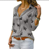 Damen nan lockere Longbluse mit Schmetterlingsprint und Hemdkragen Drune – Grau