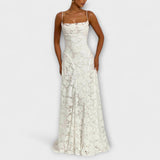 Kairi - Elegantes Maxikleid mit Blumenspitze und Spaghetti-Trägern – Weiß
