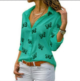 Damen nan lockere Longbluse mit Schmetterlingsprint und Hemdkragen Drune – Grün