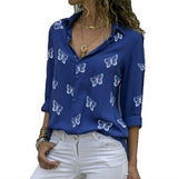 Damen nan lockere Longbluse mit Schmetterlingsprint und Hemdkragen Drune – Blau