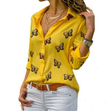 Damen nan lockere Longbluse mit Schmetterlingsprint und Hemdkragen Drune – Gelb