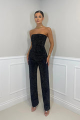 Eleganter Trägerloser Jumpsuit Damen Festlich aus Glänzendem Stretch-Stoff mit Glitzerdetails für Besondere Anlässe – Schwarz