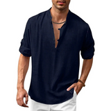 Herren Langarm Shirt mit V-Ausschnitt | Lockeres Freizeithemd mit Knöpfen – Marineblau