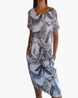 Damen T-Shirt Kleid | Lockeres Sommerkleid mit Print – Weiß und blau