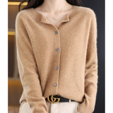 Damen Strickjacke mit O-Ausschnitt aus reiner Merinowoll – Hellbraun
