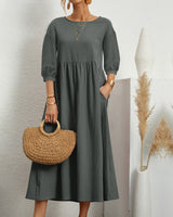 Midikleid mit Rundhalsausschnitt & Laternenärmeln – Selina – Dunkelgrün