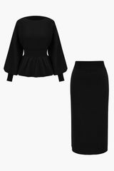 Amelie | Elegantes Strick-Set mit Peplum-Top & Bleistiftrock – Schwarz