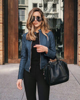 Damen nan schmal geschnittene Lederjacke mit Stehkragen und Zwei-Wege-Reißverschluss Drune – Jeansblau