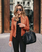 Damen nan schmal geschnittene Lederjacke mit Stehkragen und Zwei-Wege-Reißverschluss Drune – Orange