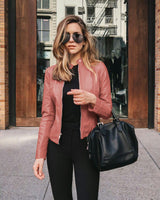 Damen nan schmal geschnittene Lederjacke mit Stehkragen und Zwei-Wege-Reißverschluss Drune – Rosa