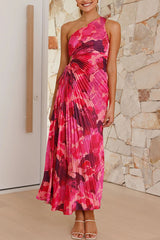 Deja -  Blumenmuster  Ein-Schulter Falten Maxi Kleid – ROT