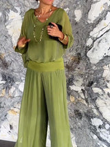 Saila | Damen Maxikleid V-Ausschnitt Fledermausärmel Unifarbe – Grün