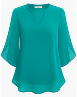 Damen Elegante V-Ausschnitt Bluse | 3/4 Ärmel – Blaugrün