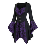 Damen Gothic Halloween-Kleid mit Spitze | Midi-Länge und Trompetenärmeln – Lila