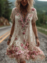 Ruby – Blossom bestickte V-Ausschnitt Kleid – Weiß