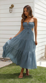 Damen Sommerkleid aus Viskose mit V-Ausschnitt und luftiger Passform – Blau/Grau