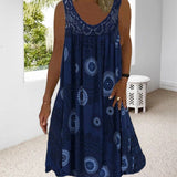 Damen Sommer O-Ausschnitt ärmellosem Druck Kleid – Marineblau