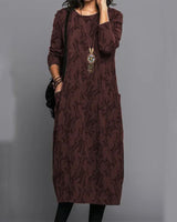 Adel - Taschenkleid mit langen Ärmeln und Aufdruck – Burgund