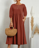 Midikleid mit Rundhalsausschnitt & Laternenärmeln – Selina – Orange