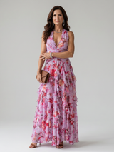 Nori | Halter Neck Rüschentop Floral Maxi Kleid – Rosa