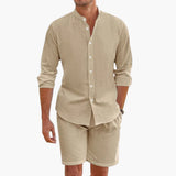 Herren Sommer Zweiteiler aus Leinenmix mit Hemd und Shorts – Khaki