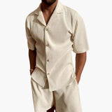 Herren Sommer Set aus strukturiertem Stoff mit Kurzarmhemd – Beige