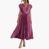 V-Ausschnitt Midi Abendkleid für Frauen - Elegante Faltenoptik – Lila