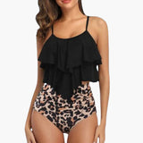 Zweiteiliger Damen - Tankini mit Volant und Bauchkontrolle – Schwarz Leopard