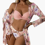 3-teiliges Damen-Bikini-Set - mit Kimono und High-Waist-Hose – Rosa