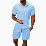 Herren Zweiteiler Set aus Baumwollmix mit Jacquardstruktur – Himmelblau
