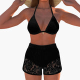 Damen-Bikini-Set mit Neckholder-Oberteil und Spitzenbesatz. – Schwarz