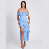 Volant Maxikleid mit Spaghettiträgern und hohem Schlitz für Damen – Blau