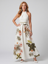 Wiese | Drapiertes Halter-Botanik-Paneel-Maxikleid – Weiß