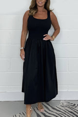 Stylisches ärmelloses A-Linien-Kleid mit quadratischem Ausschnitt – Schwarz