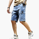 Men’s denim cargo shorts with pockets and vintage wash – Blau